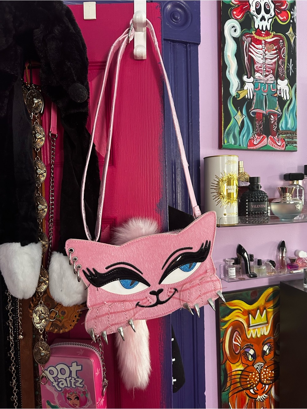 Sugar Thrillz Pink Cat-Face Crossbody Bag with Blue Eyes